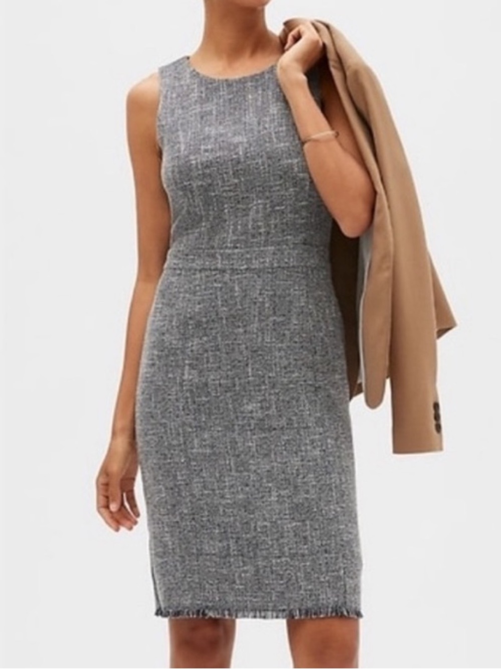 Banana Republic Factory Women 2P Navy Blue Tweed Fringe Sleeveless Sheath Dress